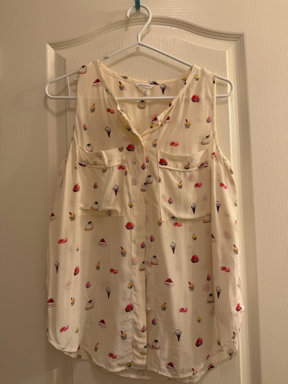 Club Monaco Cream Blouse with Multicolor Dessert Print
